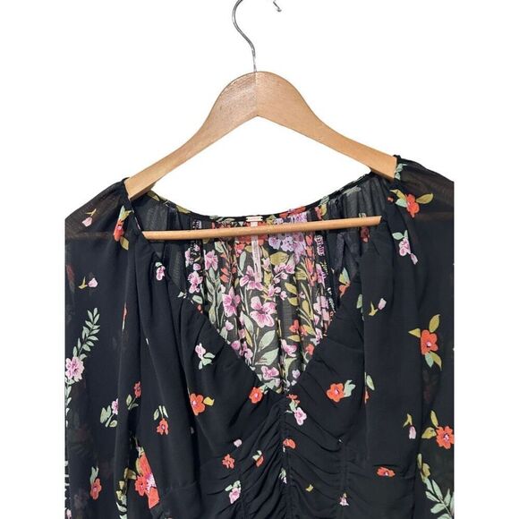 Free People Final Rose Floral Lined V Neck Balloon Sleeve Ruched Blouse Black XS - Picture 6 of 12